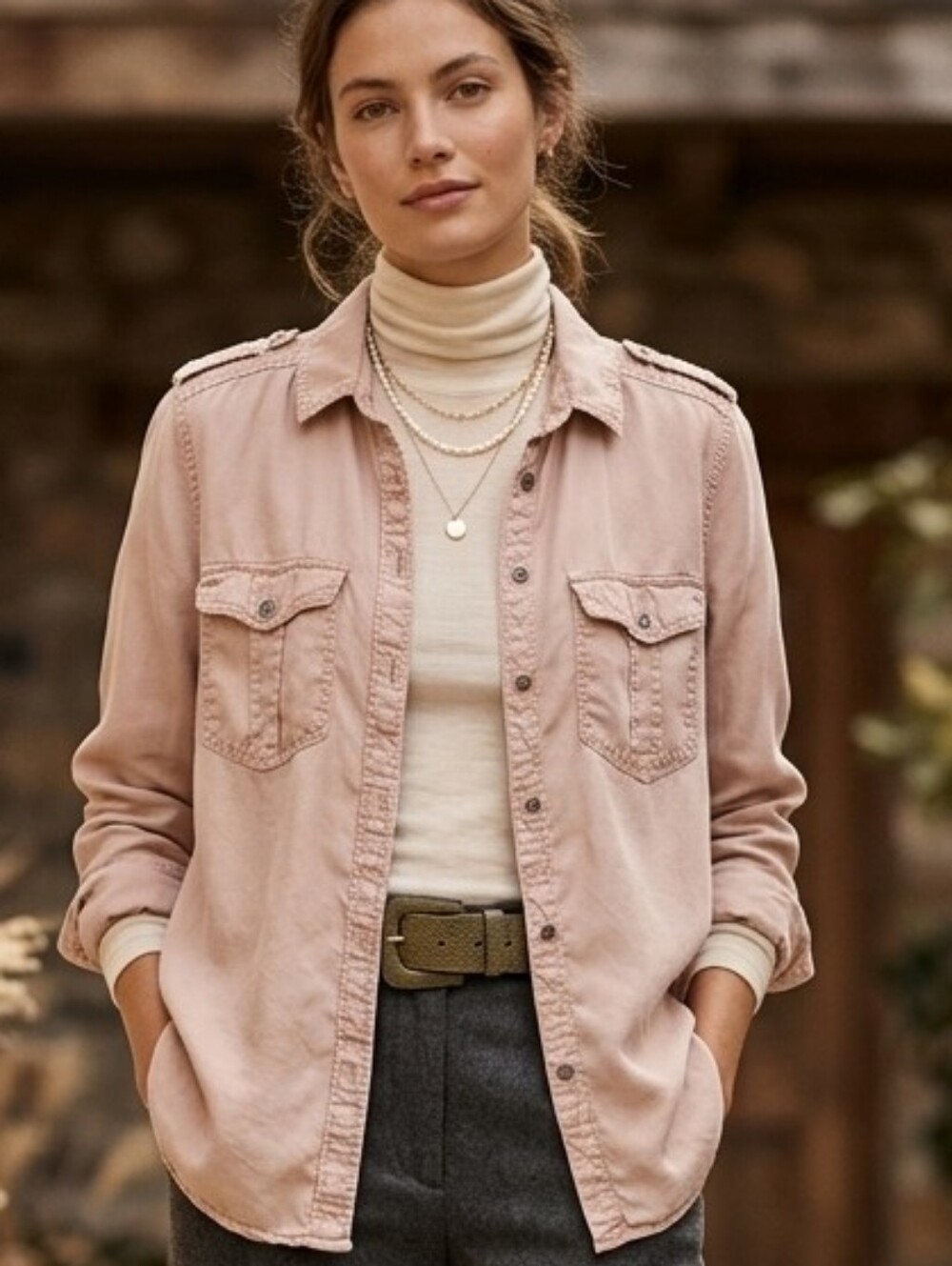American Eagle Boyfriend Soft Utility Cargo Safari Button Down Shirt Blush Pink